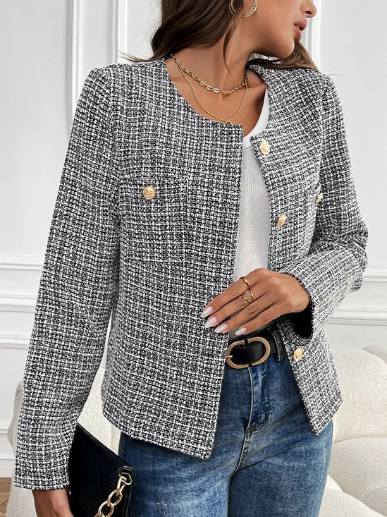 Col Rond Manches Longues Régulier Plaid Blouson Aviateur Blouson Boucle pour Femmes
