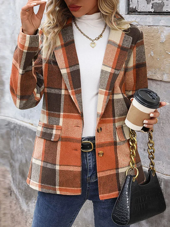 à Col Revers Manches Longues Régulier Plaid Blazer pour Femmes
