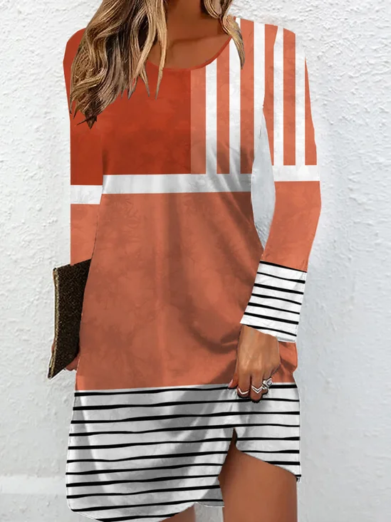 Femmes Rayé Orange Col Rond Confortable Mini Robe Décontracté