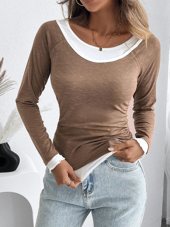 T-shirts Décontracté Bloc de Couleur Printemps / Automne Micro-élasticité Ample Manches Longues Régulier Droit Régulier pour Femmes