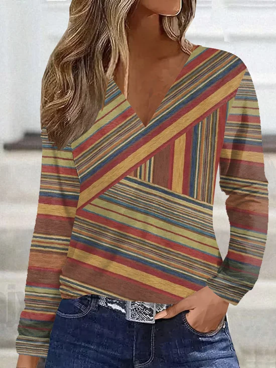 T-shirts Rétro Printemps / Automne Multicolore Bloc Col V Standard Droit Régulier ré T.-N.-L. pour Femmes