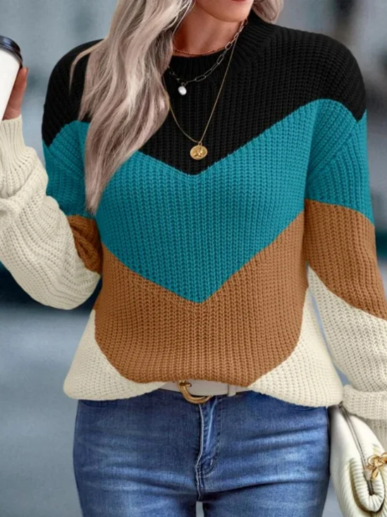 Pulls Décontracté Bloc de Couleur Printemps / Automne Quotidien Ample Manches Longues Fil/fil de laine Régulier Régulier pour Femmes