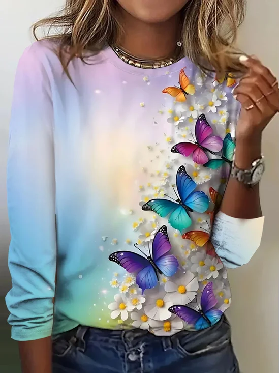 T-shirts Femmes Décontracté Printemps / Automne Papillon Micro-élasticité Quotidien Ample Col Rond Régulier Régulier