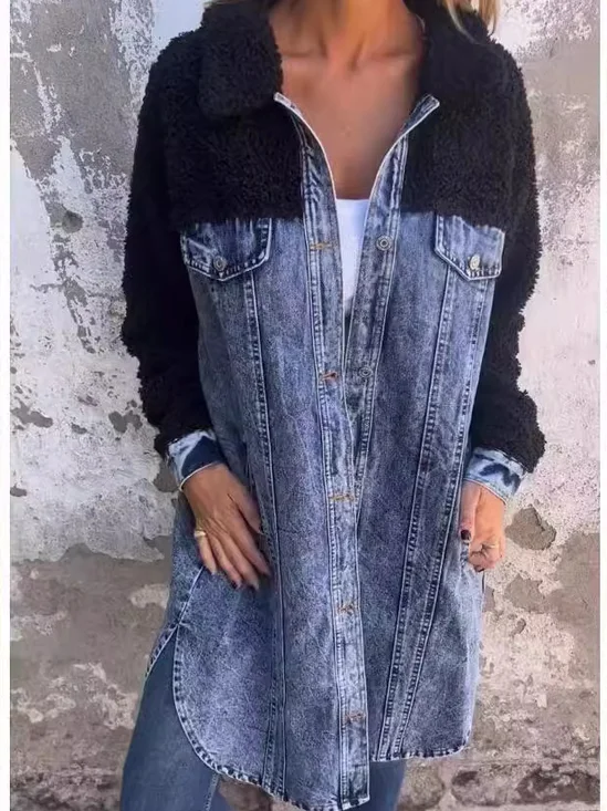 Col Châle Manches Longues Régulier Bloc de Couleur Blouson pour Femmes