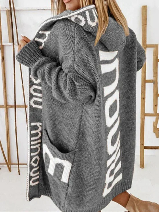 Cardigans Décontracté Hiver Lettres de texte Sweat-shirt à Capuche Manches Longues Mi-long Épaissi Droit Élasticité moyenne pour Femmes