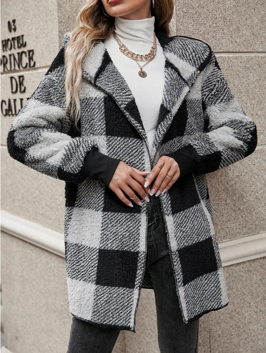 Sweat-shirt à Capuche Manches Longues Régulier Plaid Blouson pour Femmes