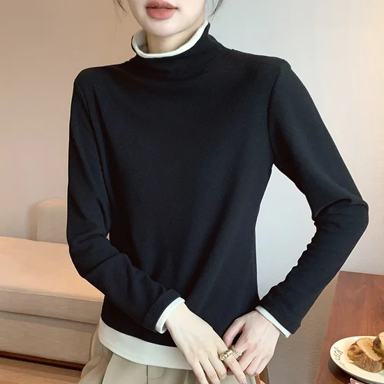 T-shirts Décontracté Bloc de Couleur Printemps / Automne Micro-élasticité Ample Col Roulé Régulier Boucle Régulier pour Femmes