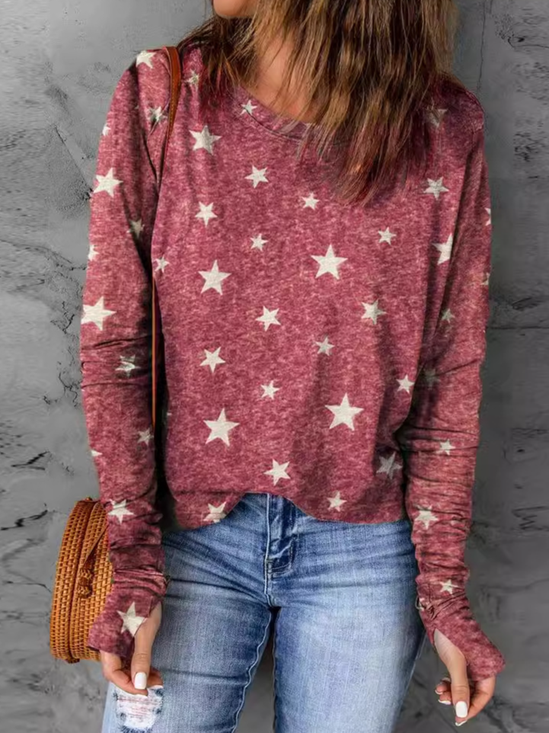 T-shirts Femmes Décontracté Printemps / Automne Motif d'Étoile Micro-élasticité Quotidien Ample Manches Longues Régulier Droit