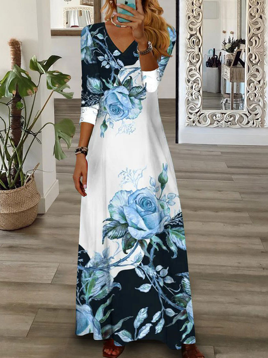 Femmes Floral Jaune Col V Confortable Robe Maxi Décontracté