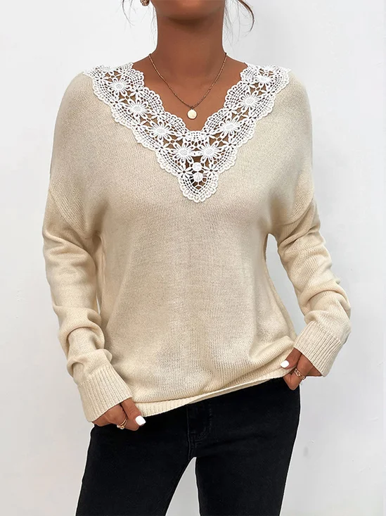 Pulls Rayé Décontracté Printemps / Automne Quotidien Fil/fil de laine Régulier Droit Régulier Dentelle pour Femmes