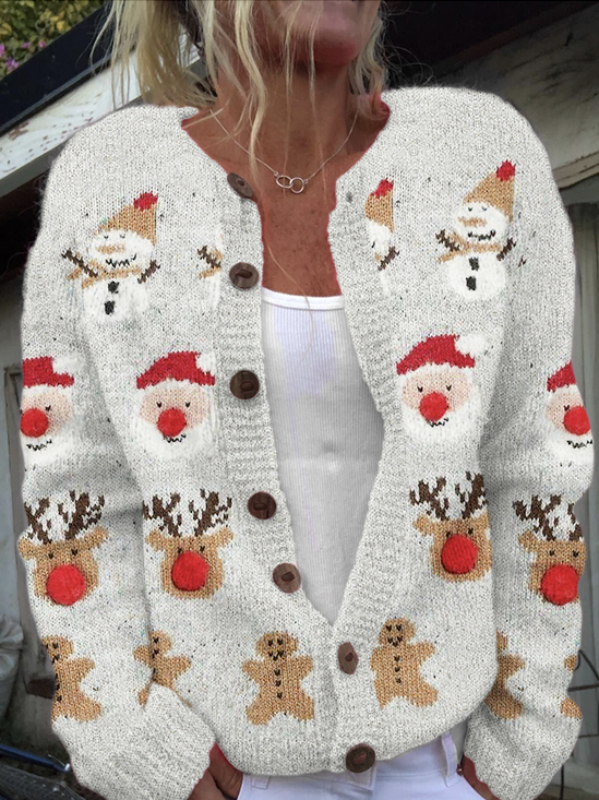Cardigans Femmes Décontracté impression en 3D Hiver Tricoté Micro-élasticité Quotidien Coupe Régulière Col Rond Régulier