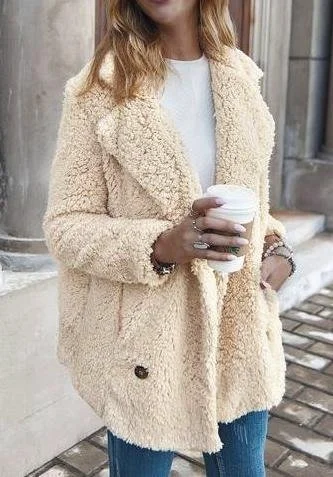 à Col Revers Manches Longues Poids lourd Plain Veste en flanelle Caniche Blouson pour Femmes