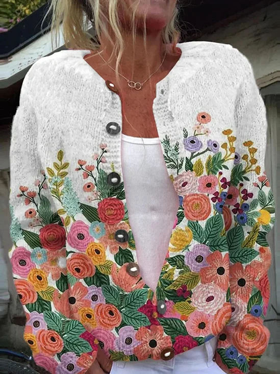 Cardigans Boho Floral Printemps / Automne Tricoté Quotidien Manches Longues Col Rond Régulier Droit pour Femmes
