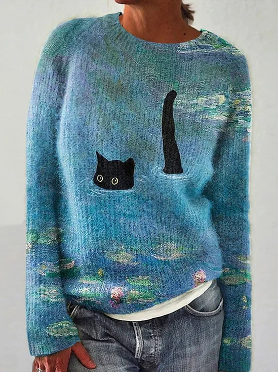 Pulls Simple Hiver impression en 3D Tricoté Micro-élasticité Quotidien Ample Manches Longues Droit pour Femmes