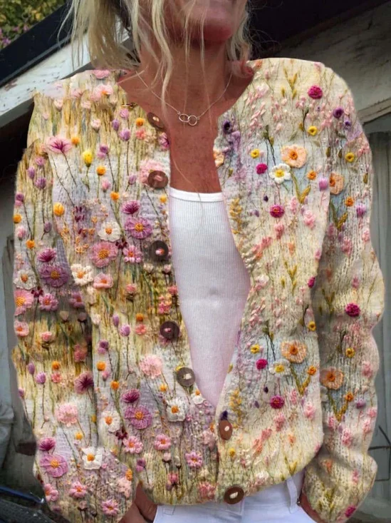 Cardigans Ethnique Floral Printemps / Automne Micro-élasticité Vacances Ample Manches Longues Régulier Droit pour Femmes