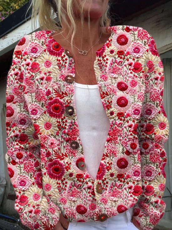 Cardigans Femmes Rétro impression en 3D Printemps / Automne Tricoté Micro-élasticité Manches Longues Col Rond Régulier Régulier
