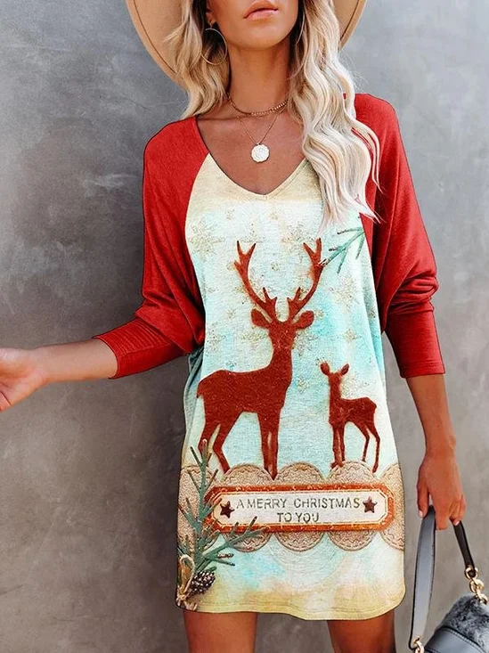 Femmes Noël Rouge Col V Confortable Mini Robe Décontracté