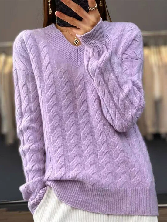 Pulls Décontracté Plain Printemps / Automne Col V Naturel Laine/Tricot Mi-long Élasticité moyenne Non pour Femmes