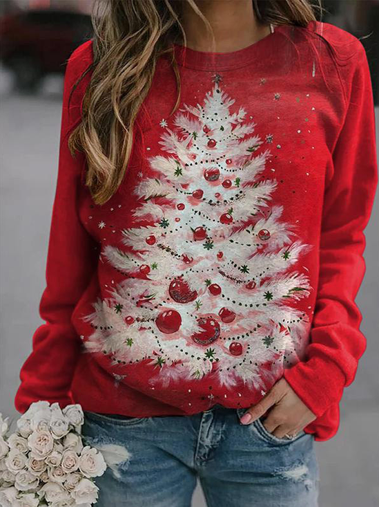 Sweat-shirts Femmes Décontracté Printemps / Automne Sapin de Noël Zip Ample Manches Longues Col Rond Régulier Régulier