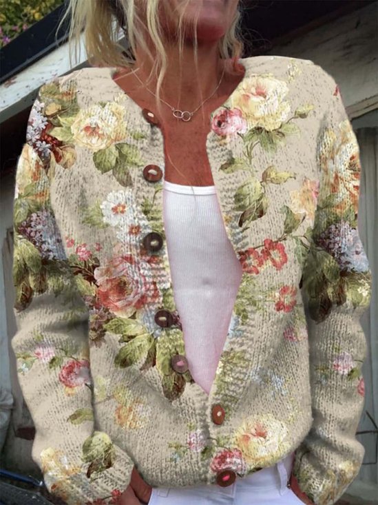 Cardigans Boho impression en 3D Printemps / Automne Micro-élasticité Vacances Col Rond Régulier Droit Régulier pour Femmes