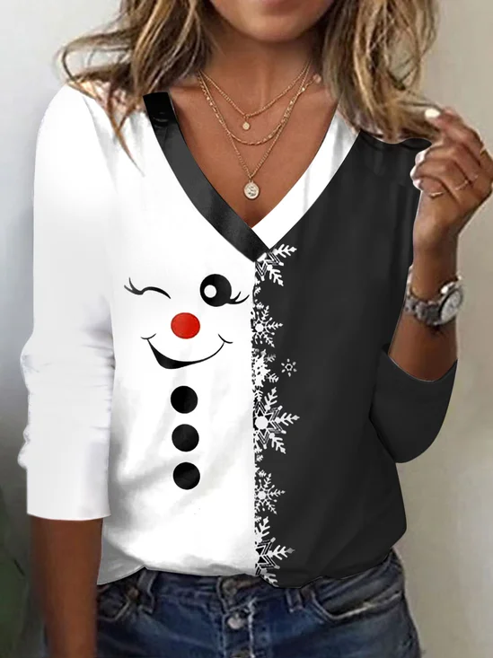 T-shirts Décontracté Printemps / Automne Noël Col V Quotidien Jersey Manches Longues Régulier Droit pour Femmes