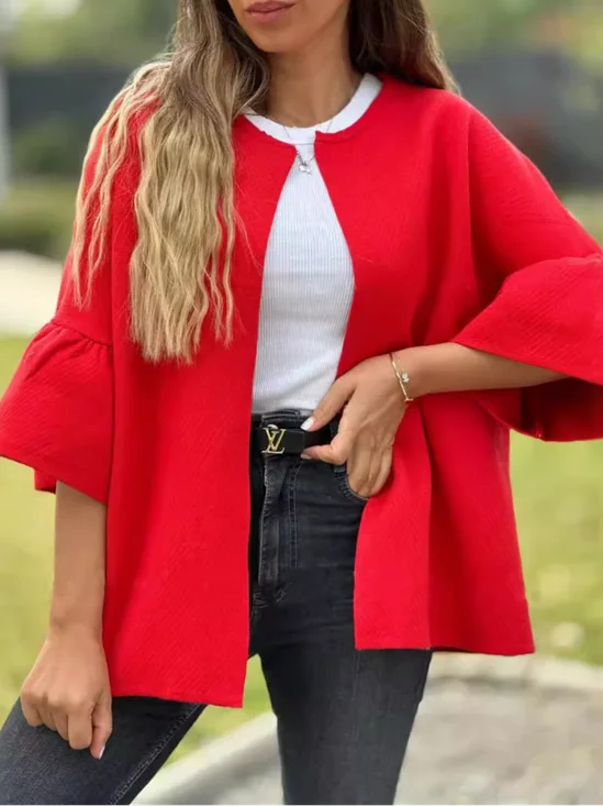 Col Rond Manches trois quarts Régulier Plain Blouson pour Femmes