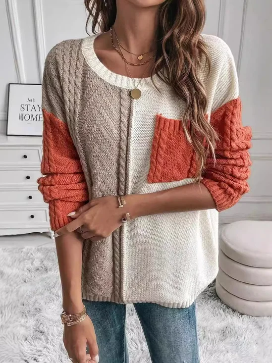 Pulls Décontracté Bloc de Couleur Printemps / Automne Quotidien Ample Col Rond Régulier Droit Non pour Femmes