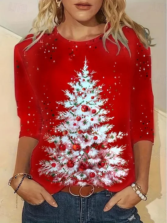 T-shirts Femmes Décontracté Printemps / Automne Sapin de Noël Vacances Ample Noël Manches Longues Régulier Droit