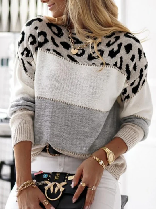 Pulls Motif Léopard Décontracté Printemps / Automne Micro-élasticité Quotidien Ample Fil/fil de laine Régulier Régulier pour Femmes