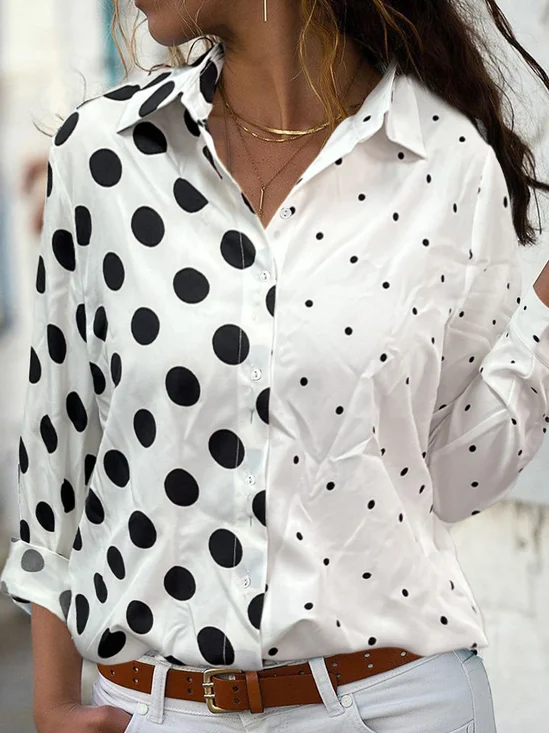 Chemises Pois Polka Décontracté Printemps / Automne Coton Aucune élasticité Ample Manches Longues Régulier Col de Chemise pour Femmes