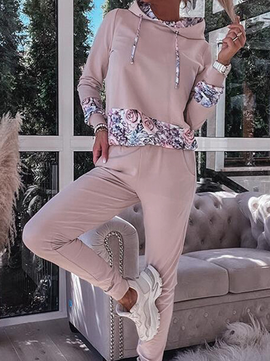 Deux Pièces Ensembles Décontracté Floral Printemps / Automne Zip Micro-élasticité Ample Jersey Droit Régulier pour Femmes