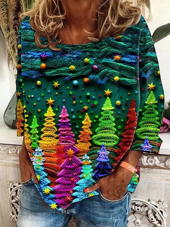 Sweat-shirts Femmes Décontracté Printemps / Automne Sapin de Noël Naturel Aucune élasticité Quotidien Ample Col Rond Droit