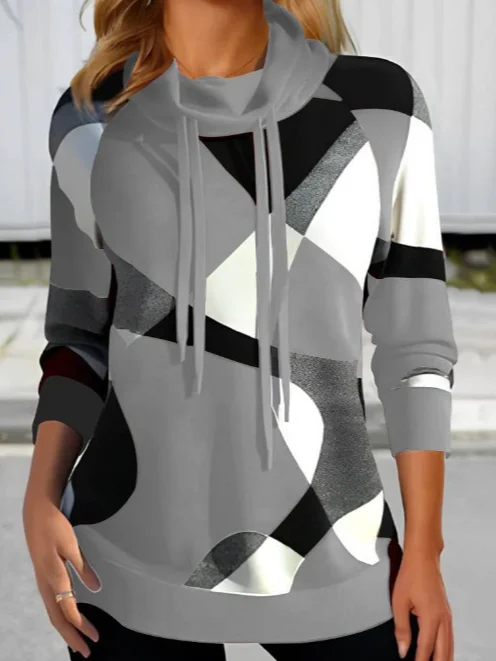 Sweat-shirts Femmes Décontracté Printemps / Automne Plaid Zip Noël Col Roulé Régulier Droit Régulier
