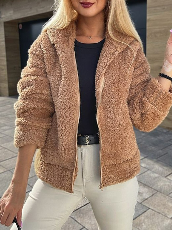 Col Montant Manches Longues Épaissi Plain Veste Sherpa Caniche Blouson pour Femmes