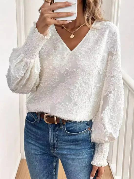 Chemisiers1 Décontracté Plain Printemps / Automne Naturel Aucune élasticité Quotidien Manches Longues Manches Bouffantes Régulier pour Femmes