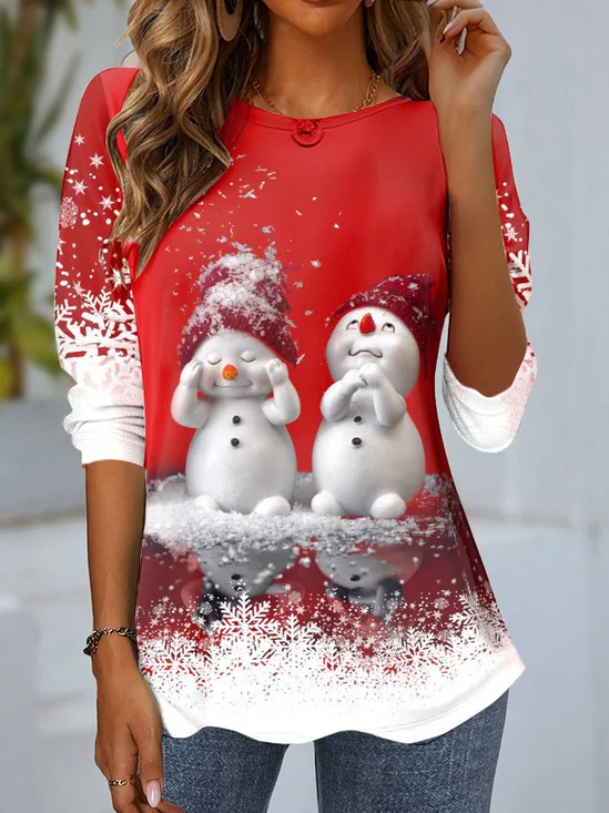 T-shirts Femmes Décontracté Printemps / Automne Bonhomme de Neige de Noël Aucune élasticité Quotidien Ample Col Rond Régulier Régulier