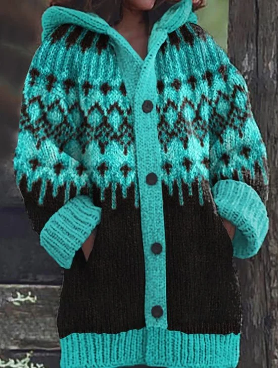 Cardigans Décontracté Ethnique Printemps / Automne Sweat-shirt à Capuche Quotidien Manches Longues Laine/Tricot Long Trapèze pour Femmes