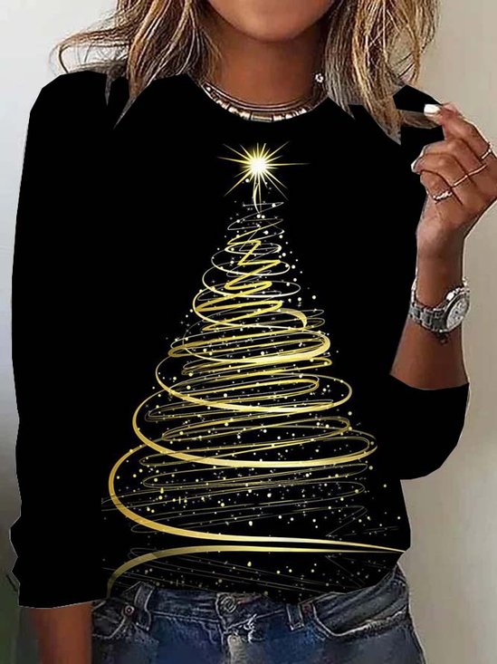 T-shirts Femmes Décontracté Printemps / Automne Sapin de Noël Polyester Micro-élasticité Quotidien Noël Col Rond Droit