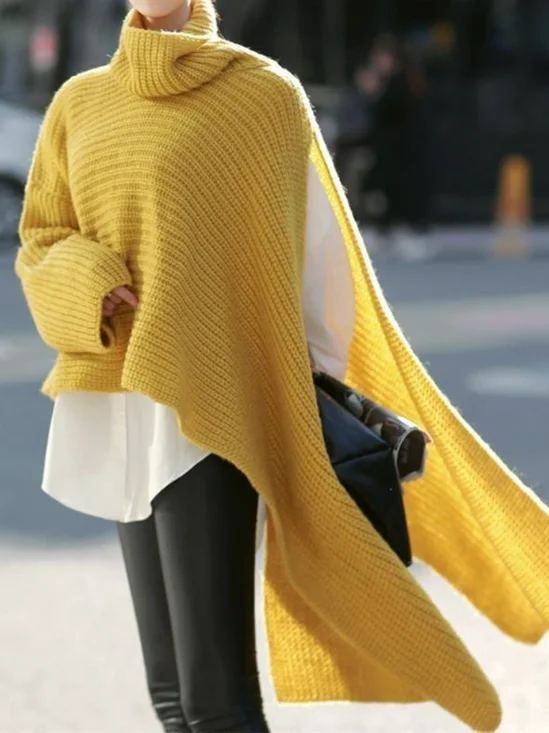 Pulls Décontracté Plain Printemps / Automne Ample Manches Longues Col Roulé Fil/fil de laine Régulier Régulier pour Femmes