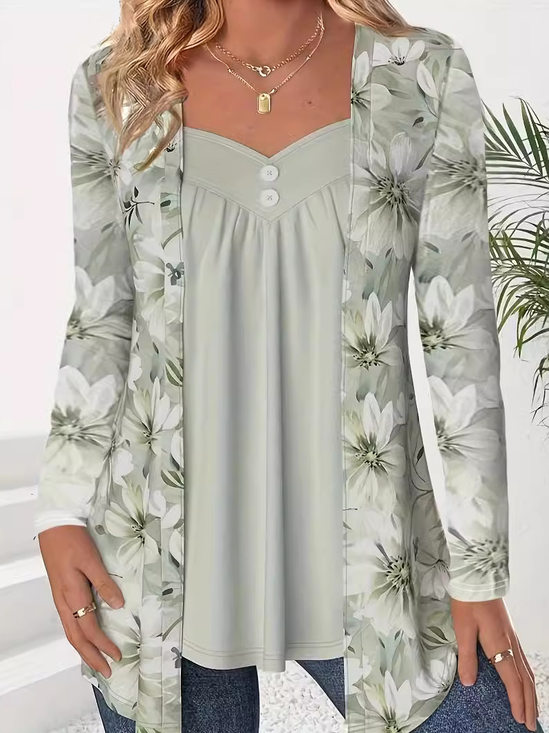 Chemisiers1 Décontracté Floral Printemps / Automne Col V Jersey Manches Longues Régulier Forage à chaud Droit pour Femmes