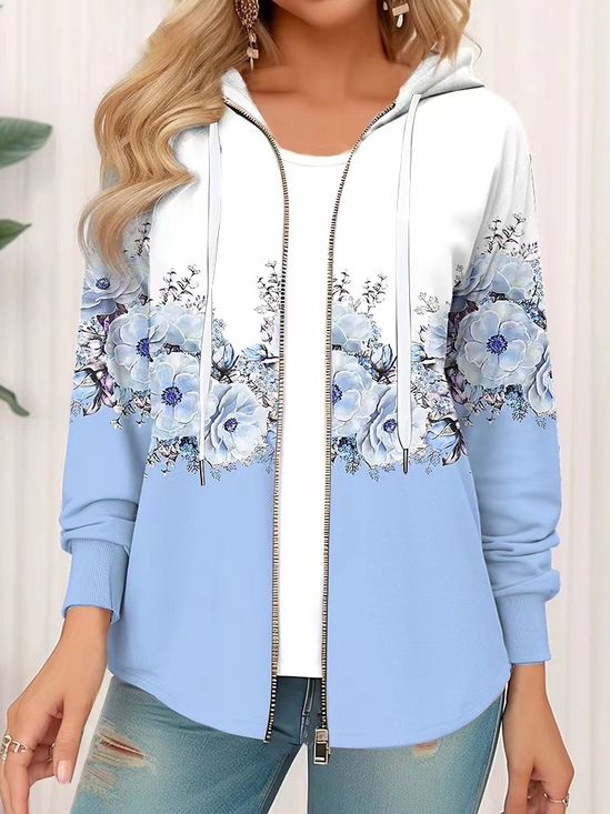 Sweat-shirt à Capuche Manches Longues Épaissi Floral Blouson pour Femmes