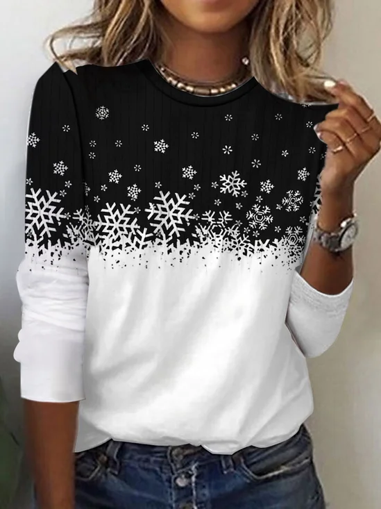 T-shirts Décontracté Printemps / Automne Flocon de Neige Micro-élasticité Ample Jersey Manches Longues Régulier Régulier pour Femmes