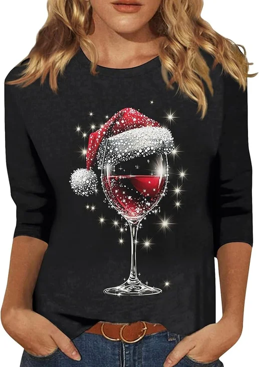 Blouses Décontracté Printemps / Automne Verre à Vin de Noël Quotidien Ample Manches Longues Régulier Régulier Élasticité moyenne pour Femmes