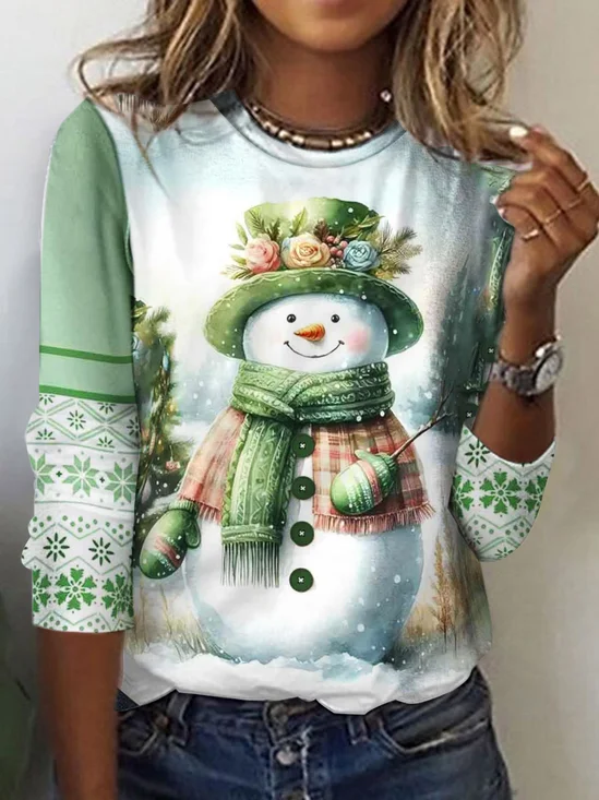 T-shirts Femmes Décontracté Printemps / Automne Bonhomme de Neige de Noël Imprimé Micro-élasticité Vacances Jersey Col Rond Droit
