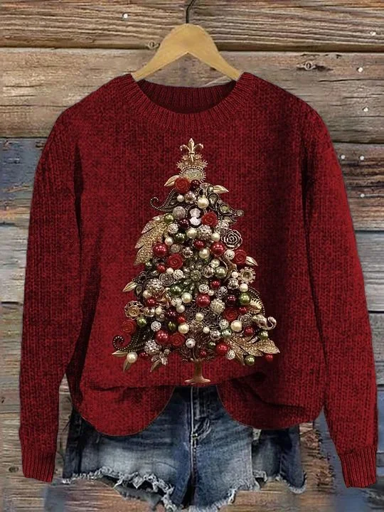 Pulls Femmes Décontracté Hiver Sapin de Noël Tricoté Micro-élasticité Quotidien Col Rond Régulier Droit