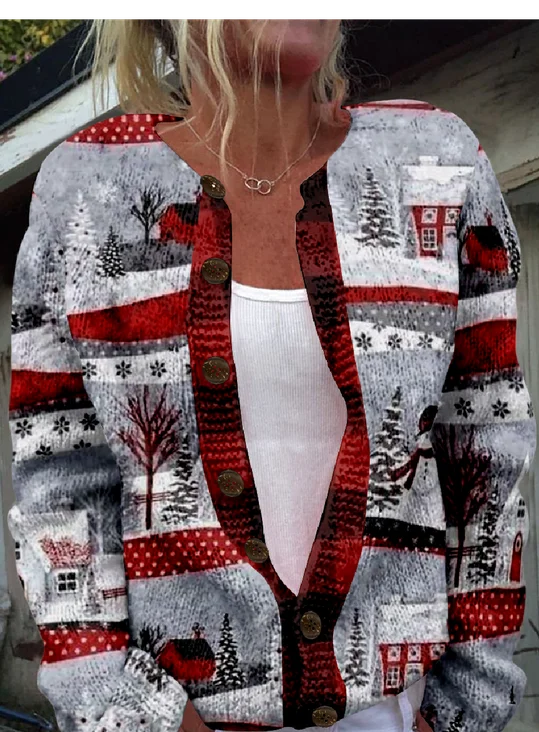 Cardigans Rétro Printemps / Automne impression en 3D Tricoté Micro-élasticité Quotidien Manches Longues Régulier Régulier pour Femmes