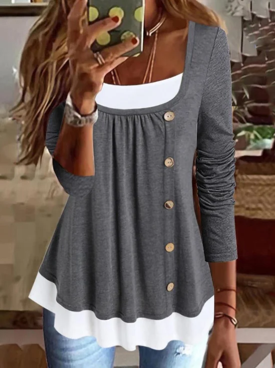 Chemisiers1 Décontracté Bloc de Couleur Printemps / Automne Ample Dentelle Manches Longues Régulier Droit Régulier pour Femmes