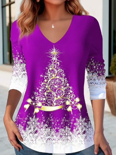Chemisiers1 Décontracté Printemps / Automne Noël Col V Micro-élasticité Quotidien Ample Jersey Forage à chaud pour Femmes