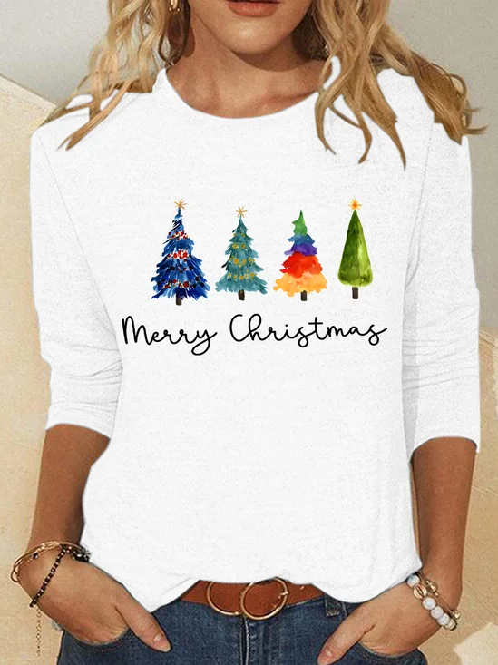 Chemisiers1 Décontracté Printemps / Automne Sapin de Noël Meilleure vente Manches Longues Col Rond en Mélangé de Coton Régulier Élasticité moyenne pour Femmes