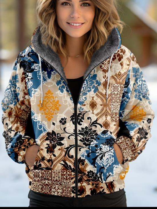 Sweat-shirt à Capuche Manches Longues Épaissi Ethnique Blouson pour Femmes